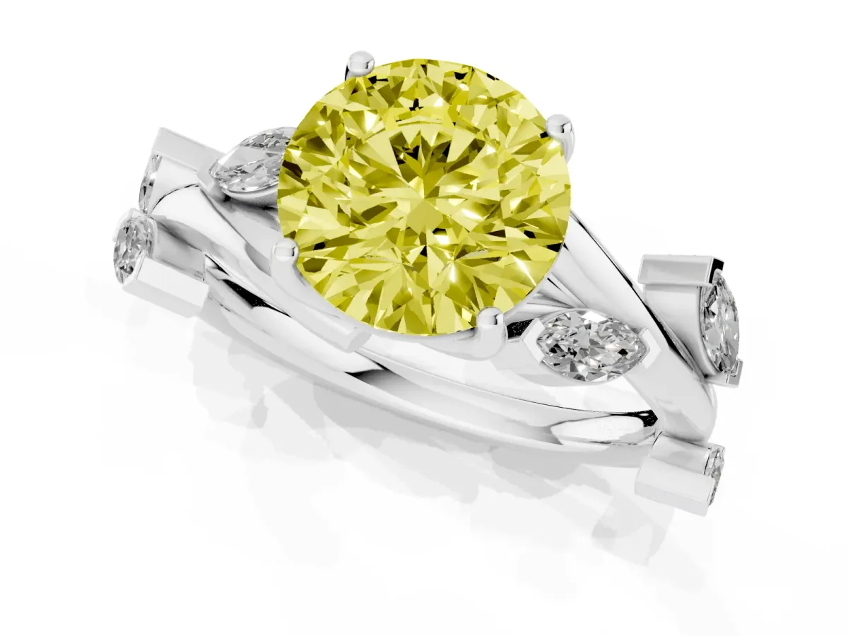 Fancy Yellow Round Cut Solitaire Twisted Band Marquise Accent Prong Setting Ring Silver