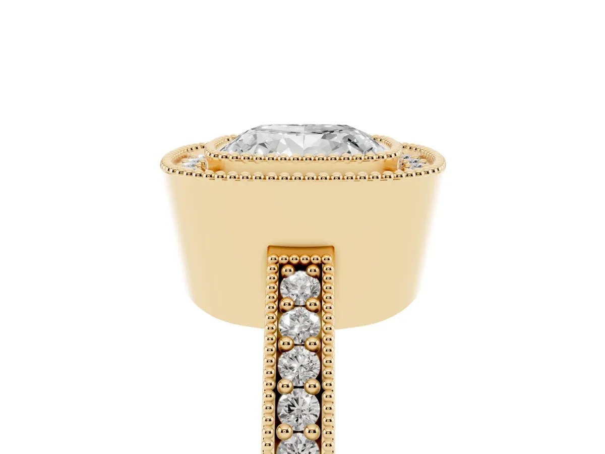 Cushion Cut-Cut Diamond Halo Engagement Ring with Pave Band and Prong Setting Yellow gold