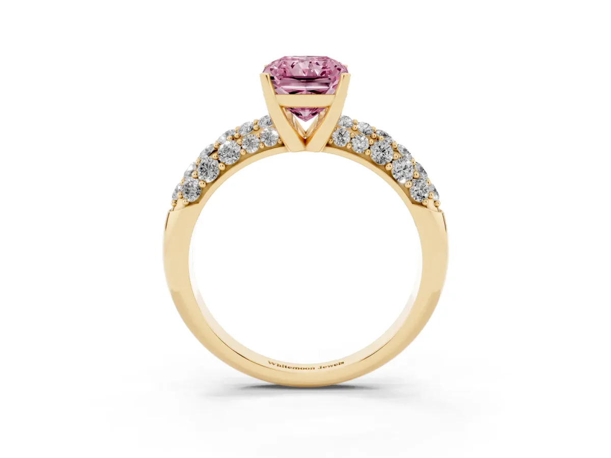 Fancy Pink Radiant Cut Diamond Pavé Band Solitaire Ring with Four-Prong Setting Yellow gold