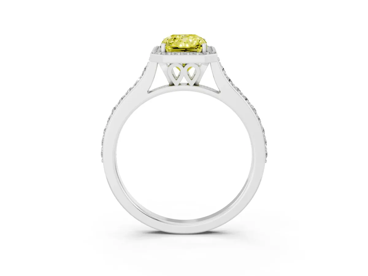 Fancy Yellow Radiant Cut Diamond Halo Engagement Ring with Round Pavé Shoulders and Prong Setting Platinum