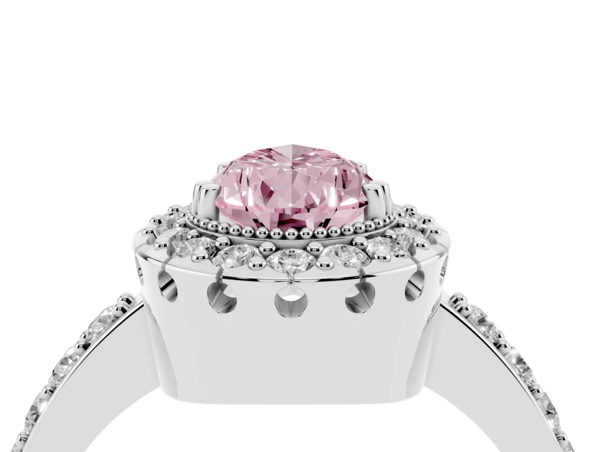 Fancy Pink Pear Cut Diamond Halo Ring with Pavé Band and Prong Setting Platinum