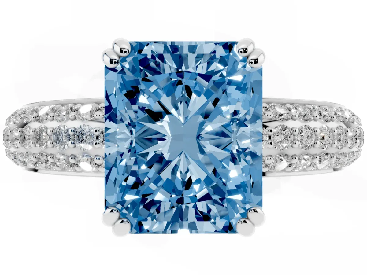 Fancy Blue Radiant Cut Diamond Solitaire Ring with Multi-Row Round Pavé Band and Prong Setting Silver