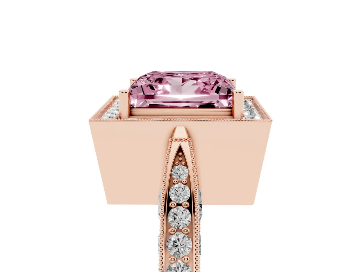 Fancy Pink Princess Cut Halo Diamond Engagement Ring with Split Shank Band and Four-Prong Setting Rose gold