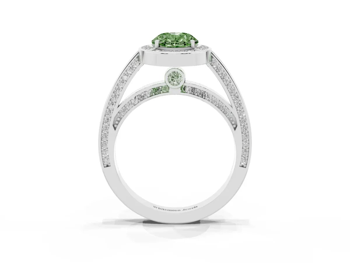 Fancy Green Oval Cut Cut Halo Pave Split Shank Prong Setting Ring Platinum