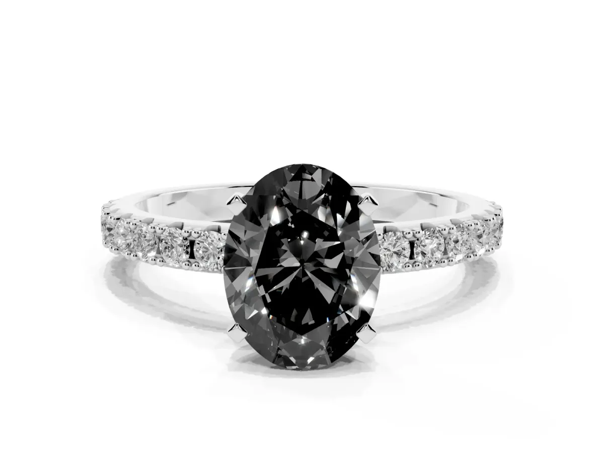 Fancy Black Oval Cut Diamond Solitaire Pavé Band with Four-Prong Setting Silver
