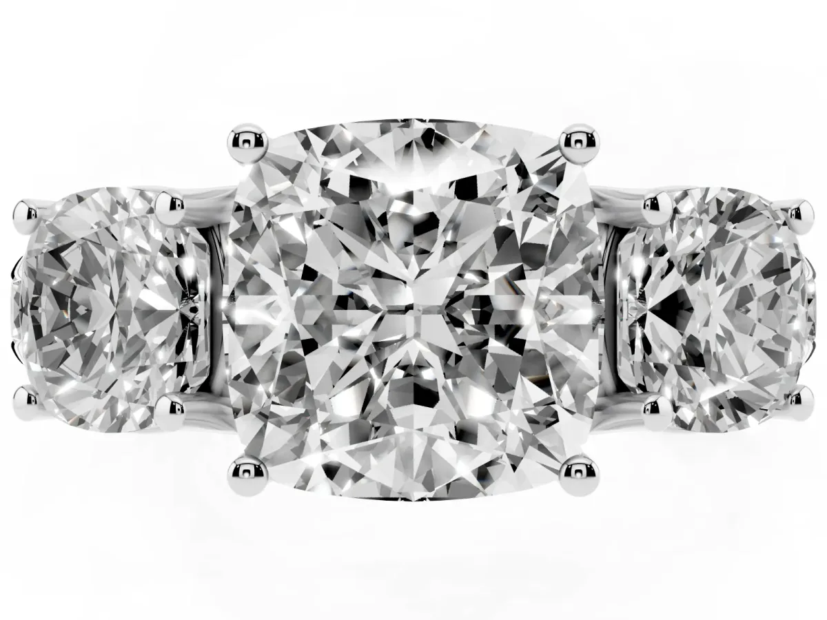 Three-Stone Cushion Cut Diamond Pavé Band with Prong Setting Platinum