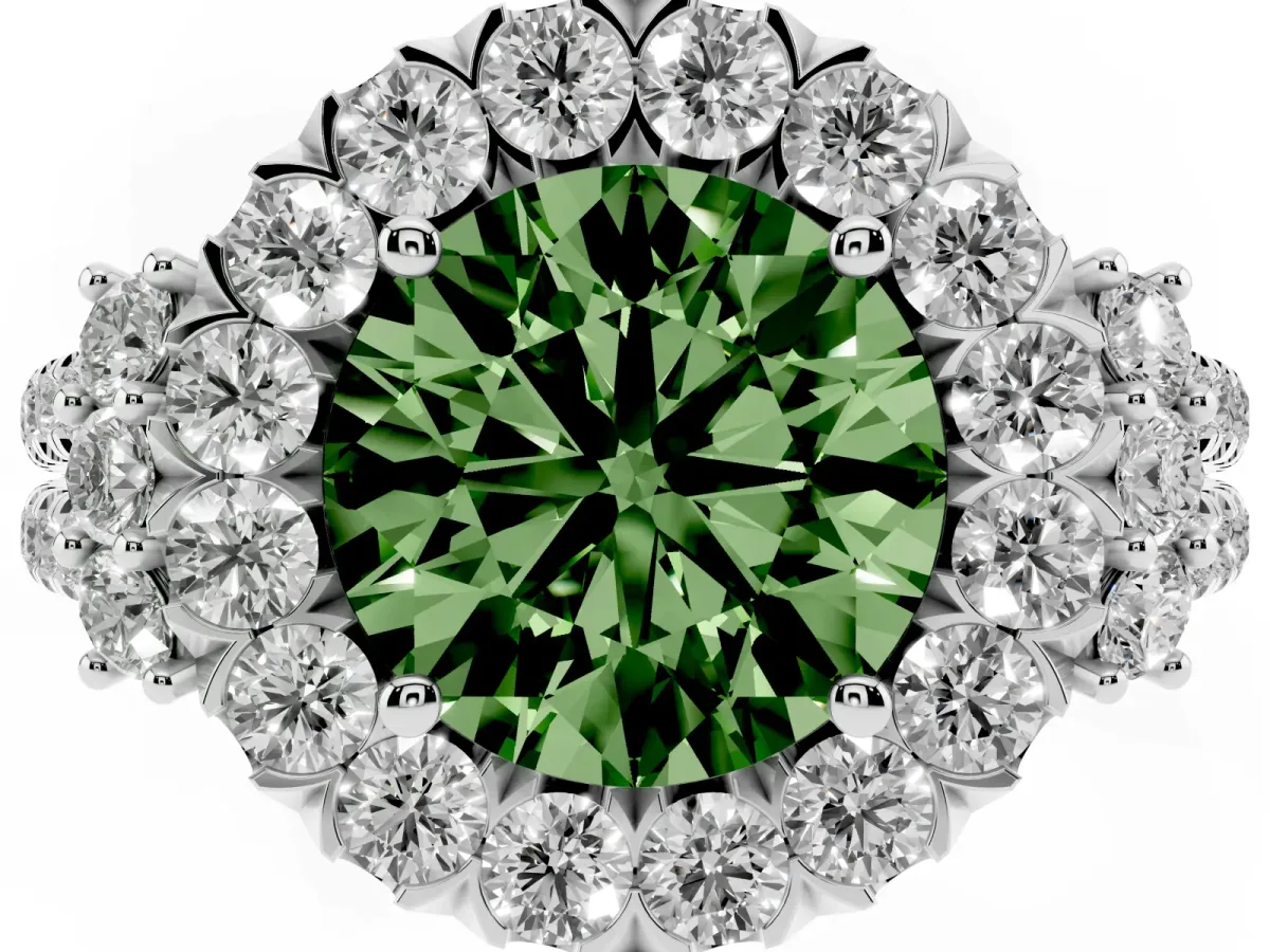 Fancy Green Round Cut Cut Double Halo Diamond Engagement Ring with Pave Band and Four-Prong Setting Silver