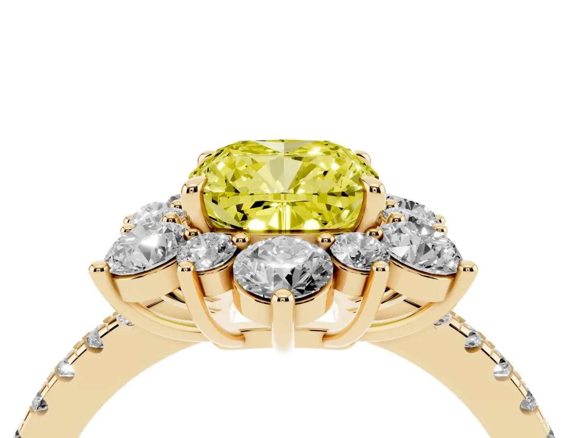 Fancy Yellow Cushion Cut Diamond Floral Halo Ring with Round Pavé Band and Prong Setting Yellow gold