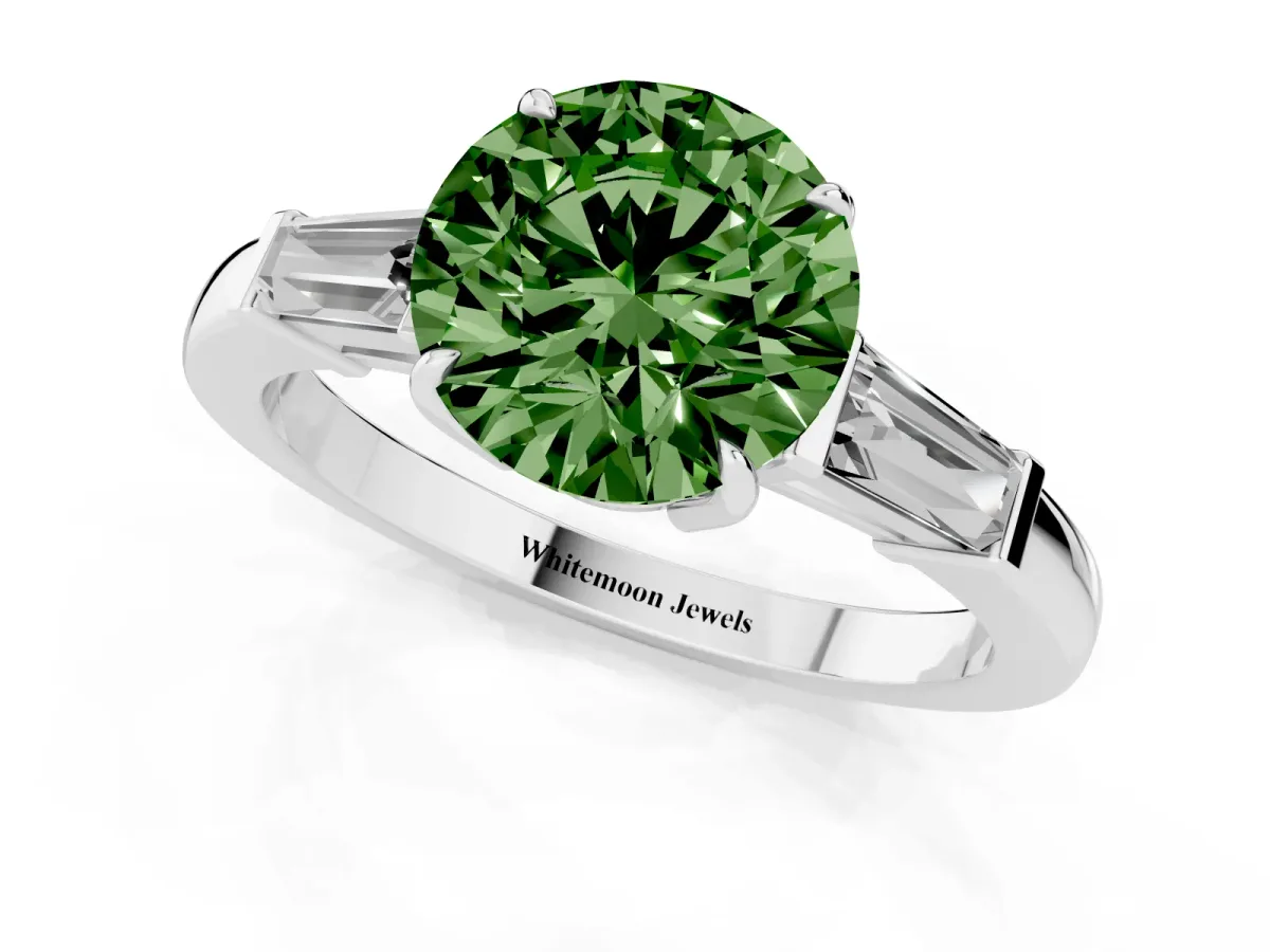 Fancy Green Round Cut Diamond Three-Stone Ring with Tapered Baguette Side Stones and Prong Setting Silver
