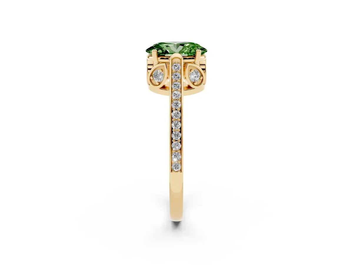 Fancy Green Oval Cut Cut Cathedral Pave Diamond Engagement Ring with Six-Prong Setting Yellow gold