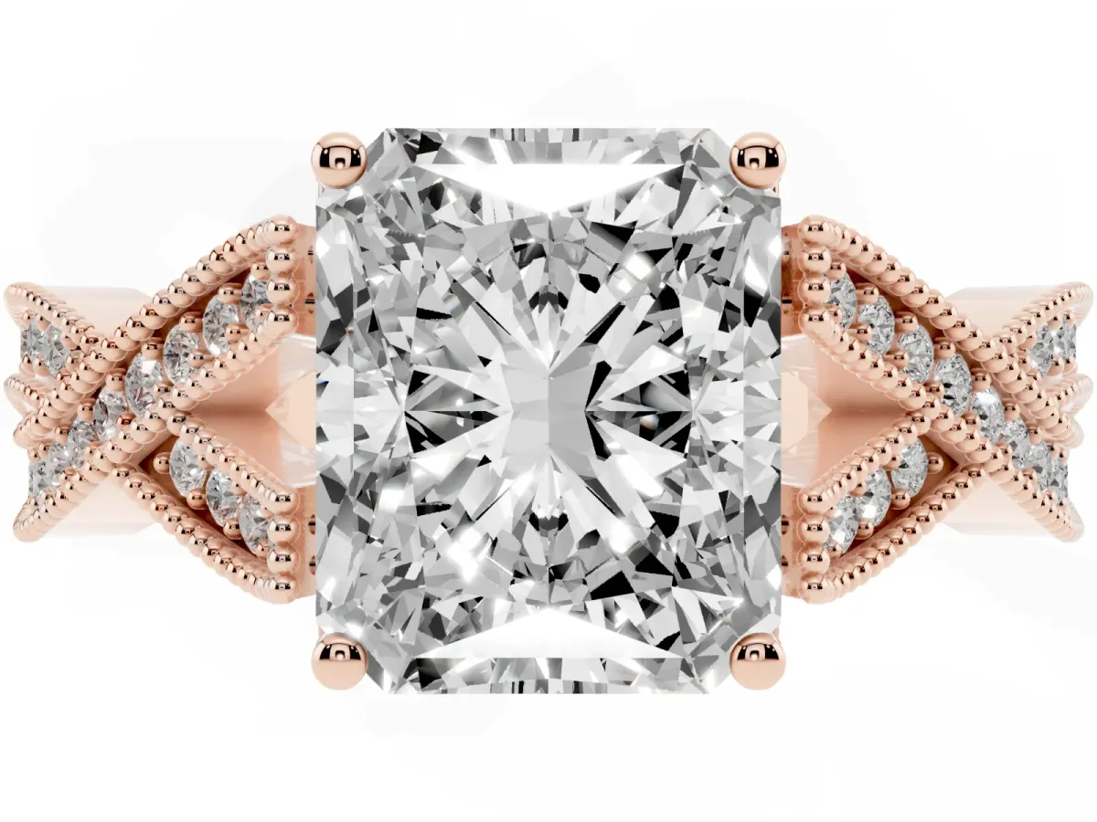 Radiant Cut Cut Diamond Twisted Band with Milgrain Pave Setting and Four-Prong Setting Rose gold
