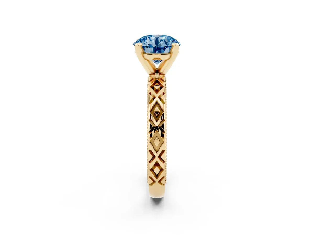 Fancy Blue Round Cut Solitaire Diamond Ring with Milgrain and Black Enamel X Pattern Band Yellow gold