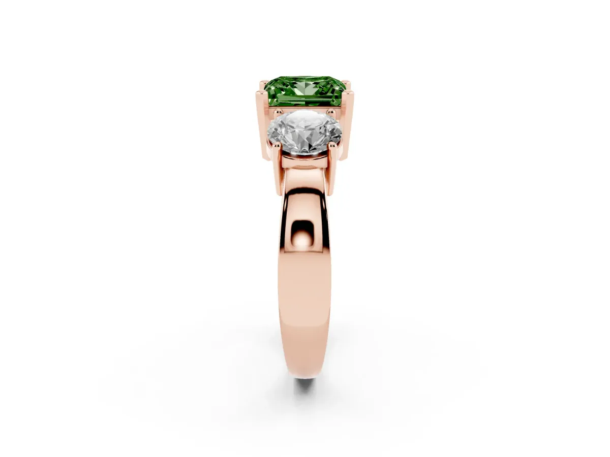 Fancy Green Three-Stone Princess Cut Diamond Ring with Round Side Stones, Classic Band, and Four-Prong Setting Rose gold