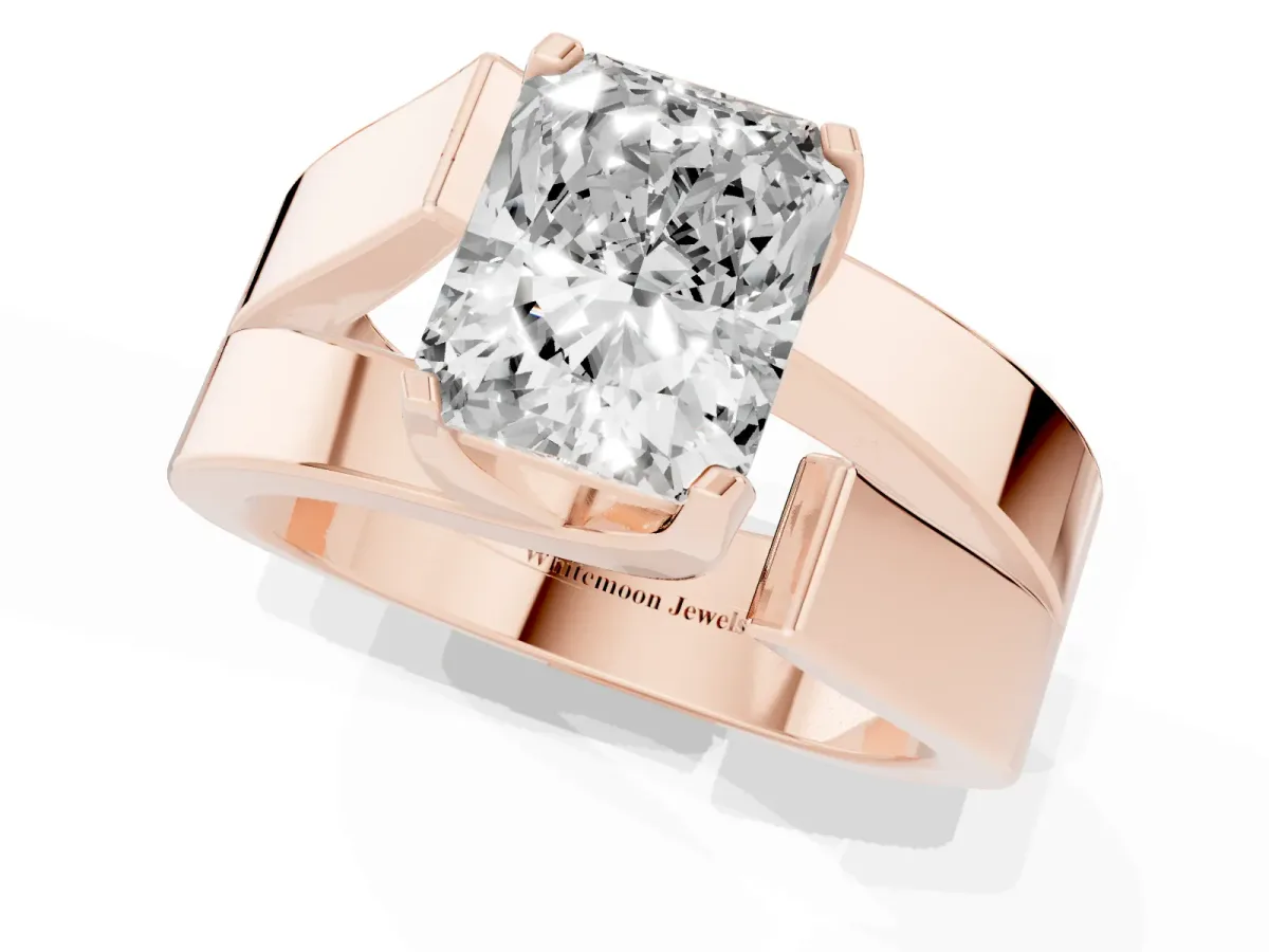 Modern Tension Set Radiant Cut Diamond Solitaire Wide Band Ring Rose gold