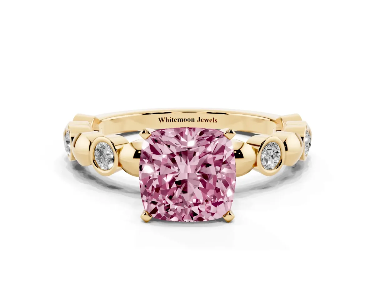 Fancy Pink Cushion Cut Solitaire Bezel-Set Diamond Ring with Beaded Band and Four-Prong Setting Yellow gold