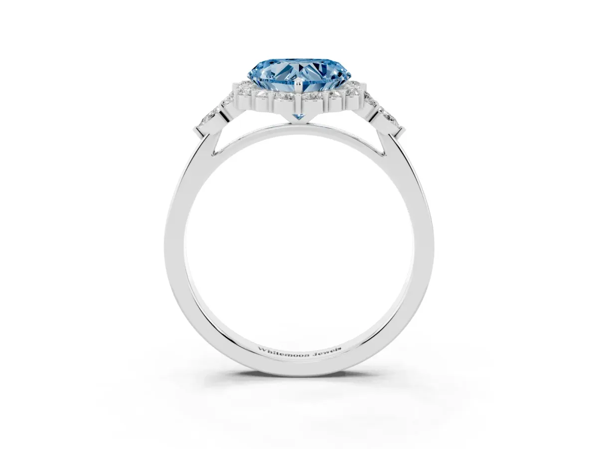 Fancy Blue Heart Cut Diamond Halo Ring with Pear Side Stones and Prong Setting Silver