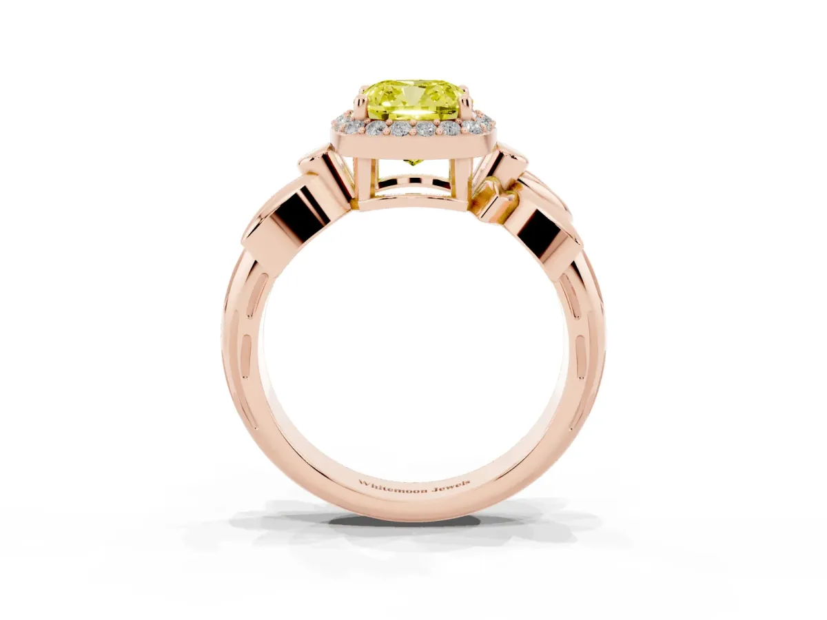 Fancy Yellow Cushion Cut Halo Diamond Floral Band with Four-Prong Setting Rose gold