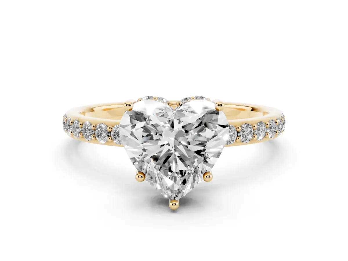 Heart Cut Diamond Solitaire Ring with Pavé Band and Hidden Halo Yellow gold