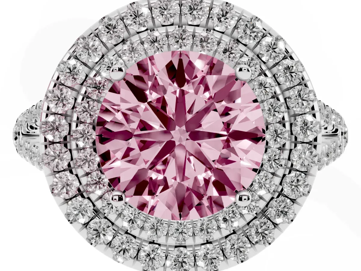 Fancy Pink Round Cut Diamond Double Halo Ring with Pavé Band and Prong Setting Platinum