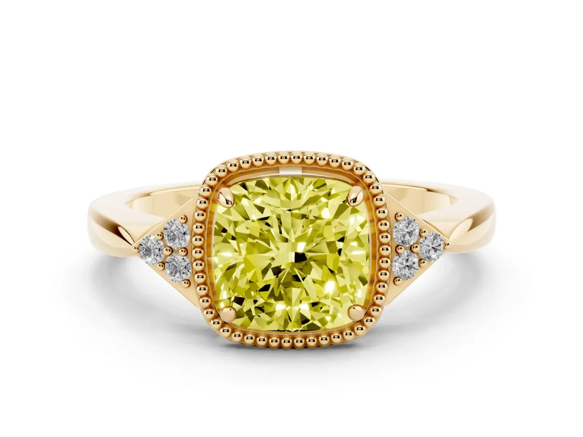 Fancy Yellow Cushion Cut Diamond Halo Ring with Tapered Band and Four-Prong Setting Yellow gold