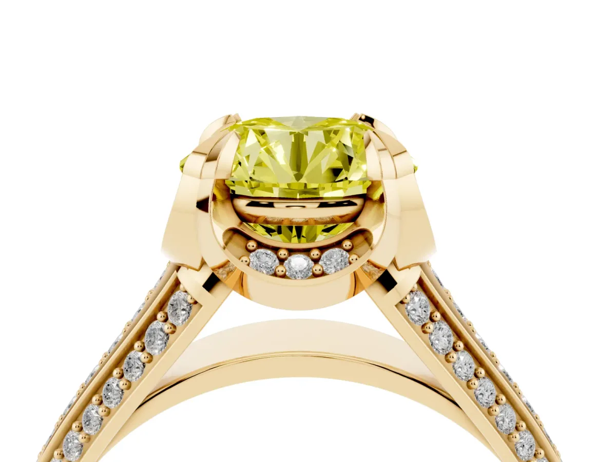 Fancy Yellow Round Cut Solitaire Pave Split Shank Ring with Four-Prong Setting Yellow gold