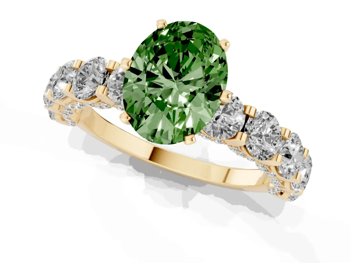 Fancy Green Oval Cut Diamond Side Stone Engagement Ring with Four-Prong Setting Yellow gold