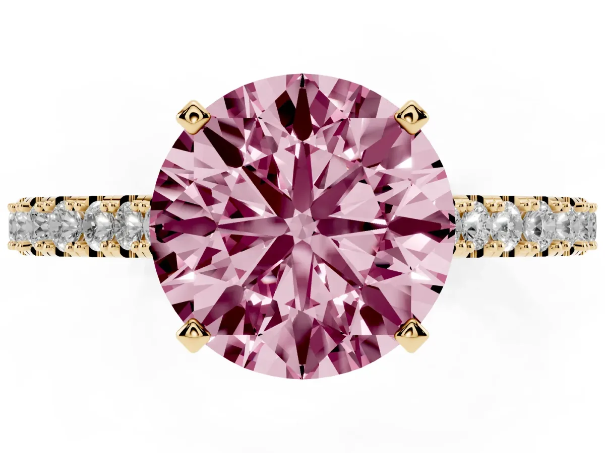 Fancy Pink Round Cut Cut Solitaire Diamond Engagement Ring with Pave Band and Four-Prong Setting Yellow gold