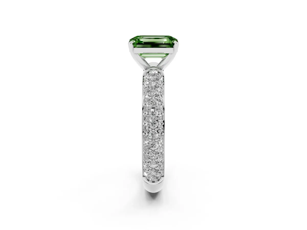 Fancy Green Emerald Cut Diamond Solitaire Ring with Prong Setting and Pavé Band Silver