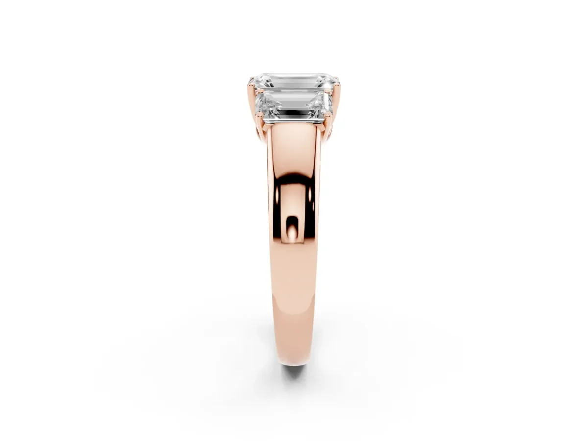 Three-Stone Emerald Cut Cut Diamond Ring with Prong Setting and Classic Band Rose gold