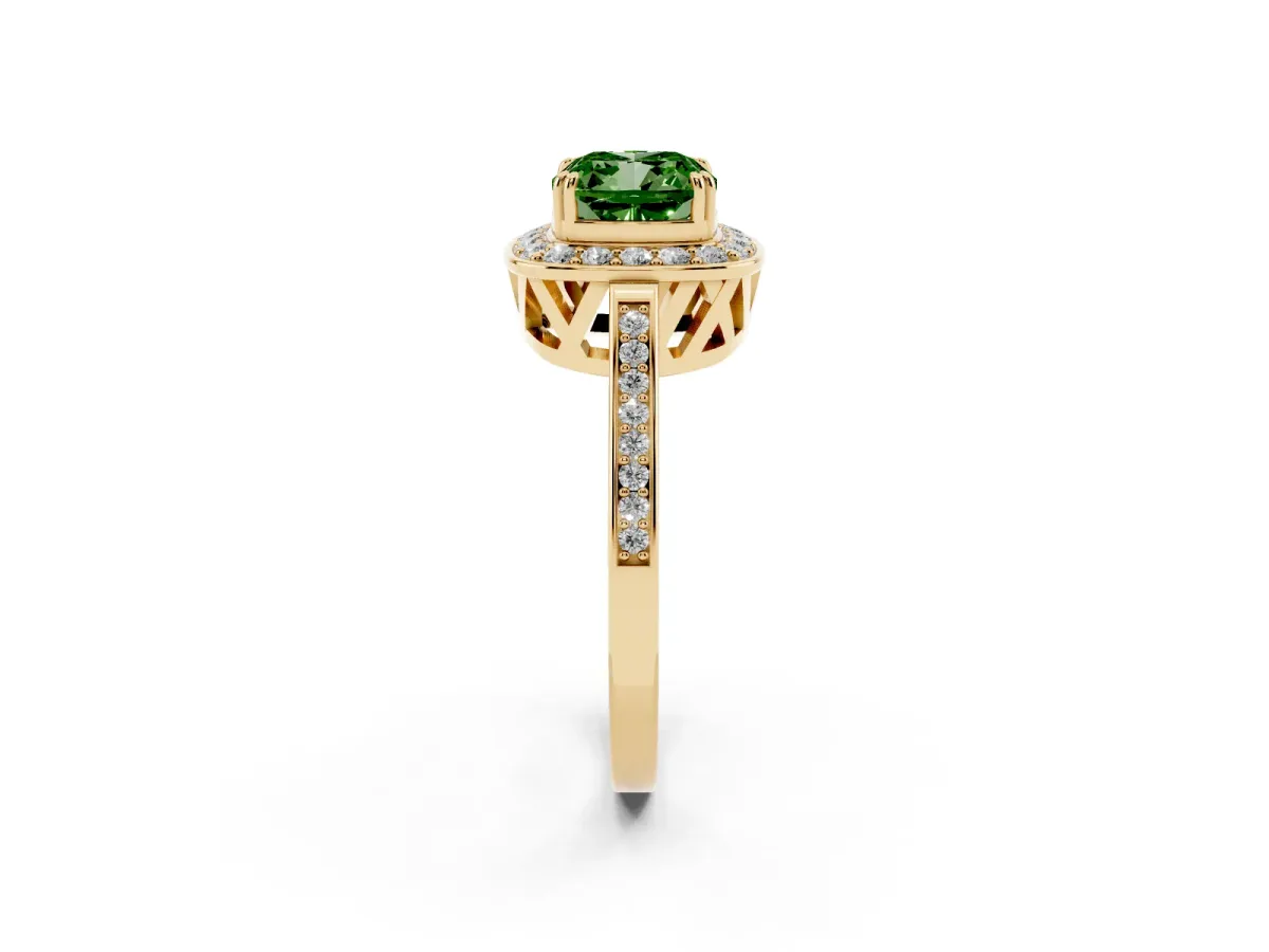 Fancy Green Cushion Cut Diamond Halo Ring with Split Shank and Four-Prong Setting Yellow gold