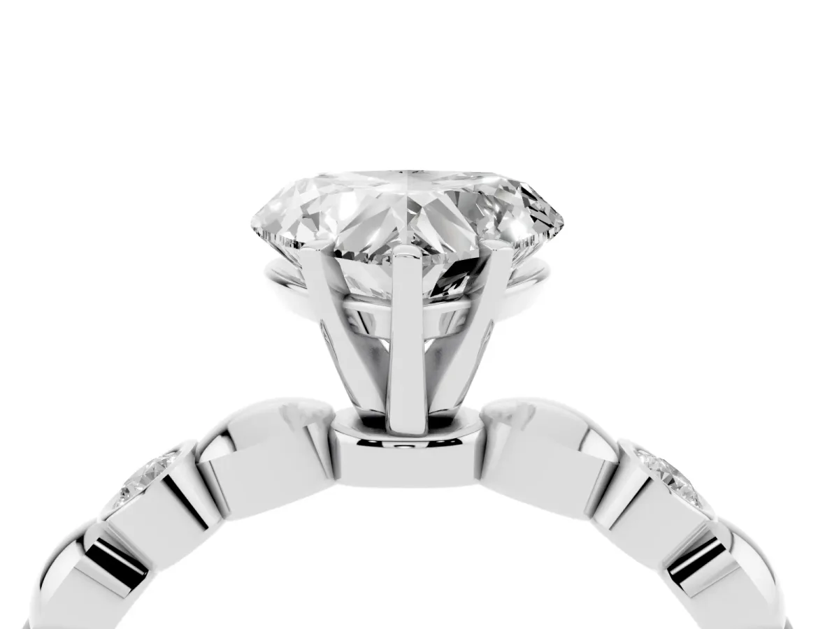 Heart Cut Solitaire Bezel-Set Diamond Ring with Beaded Band and Four-Prong Setting Silver
