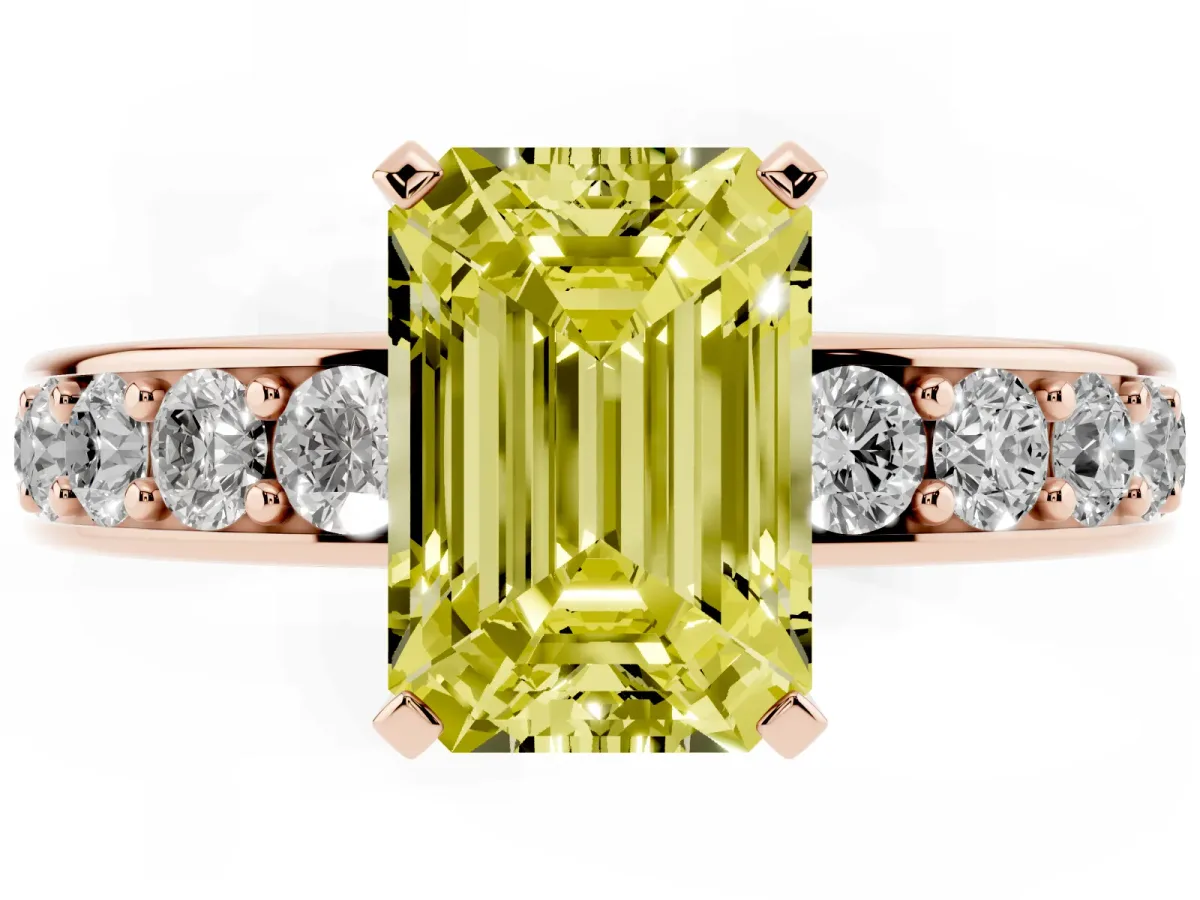 Fancy Yellow Emerald Cut Diamond Engagement Ring with Channel Set Round Band and Prong Setting Rose gold