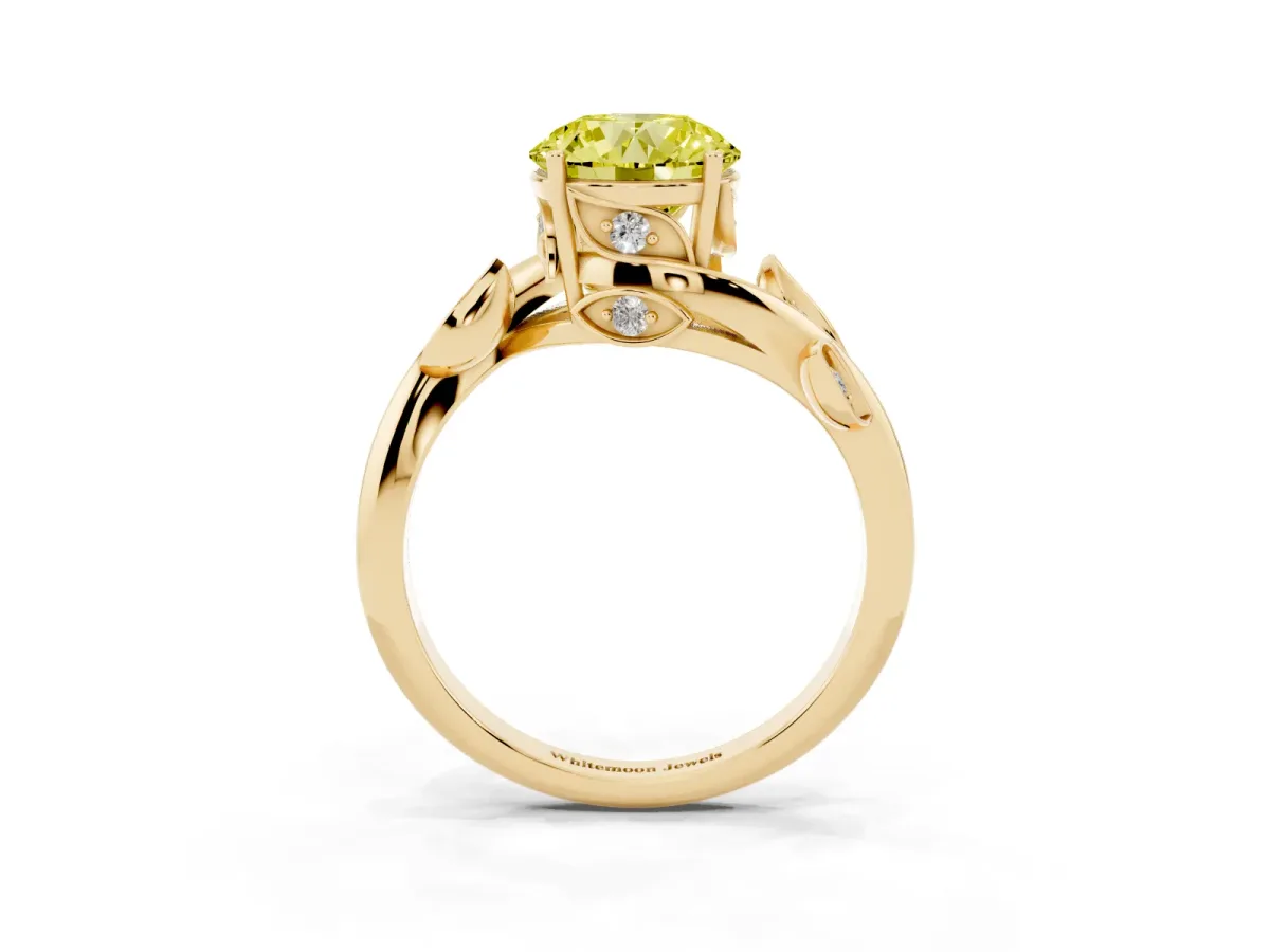 Fancy Yellow Round Cut Solitaire Twist Engagement Ring with Leaf Accents and Prong Setting Yellow gold