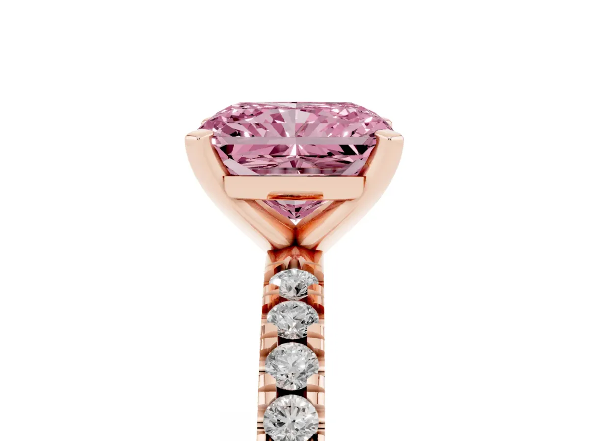 Fancy Pink Radiant Cut Diamond Pavé Band Solitaire with Four-Prong Setting Rose gold