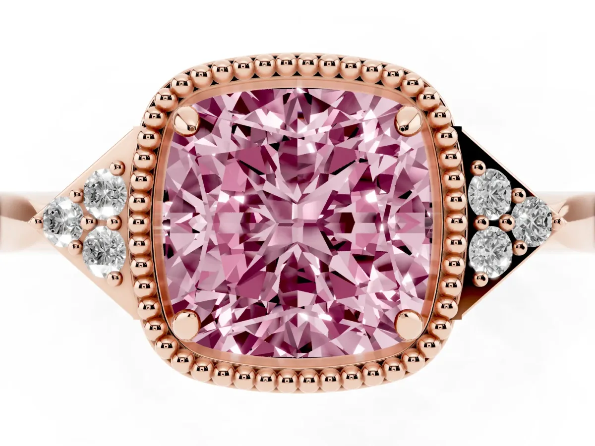 Fancy Pink Hexagonal Halo Cushion Cut Diamond Solitaire with Pavé Band and Four-Prong Setting Rose gold