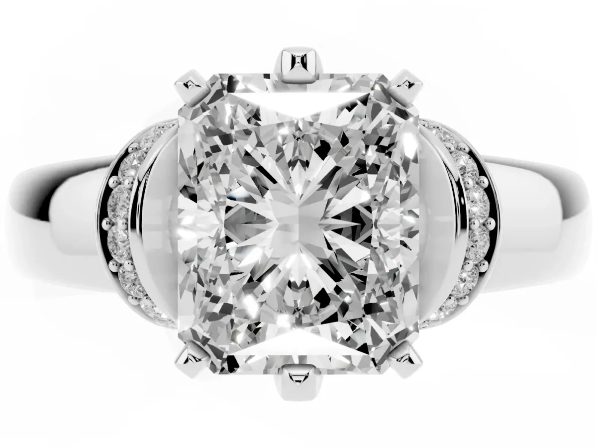 Radiant Cut Solitaire Diamond Ring with Pave Band and Six-Prong Setting Silver