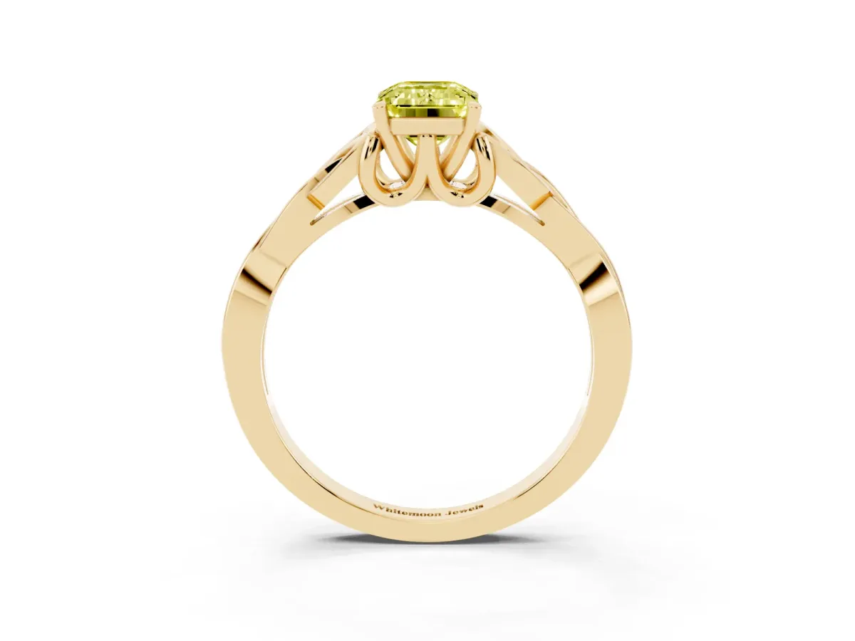 Fancy Yellow Emerald Cut Diamond Solitaire Engagement Ring with Celtic Knot Band and Four-Prong Setting Yellow gold