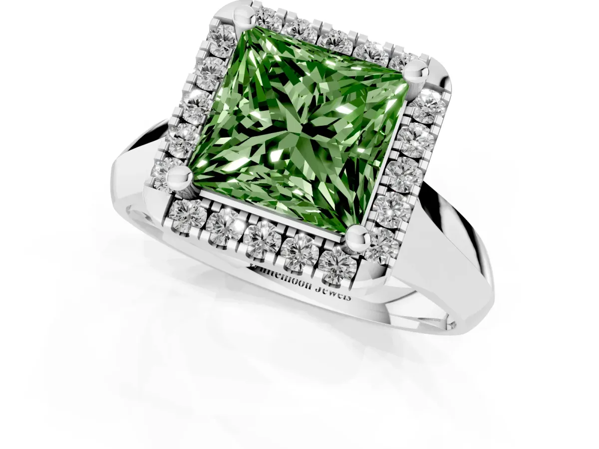 Fancy Green Princess Cut Cut Halo Solitaire Engagement Ring with Square Band and Four-Prong Setting Platinum
