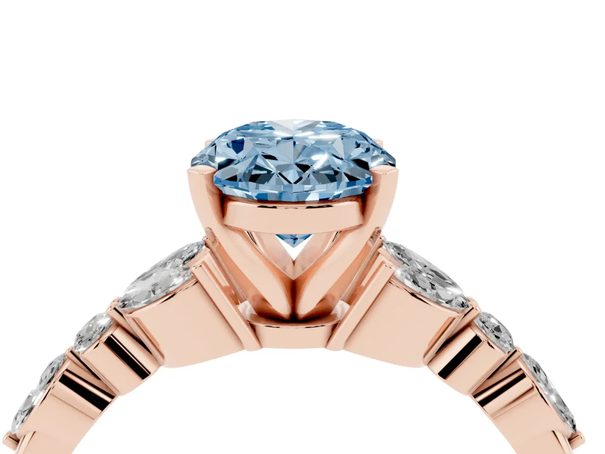 Fancy Blue Oval Cut Diamond Solitaire Ring with Side Stones and Four-Prong Setting Rose gold