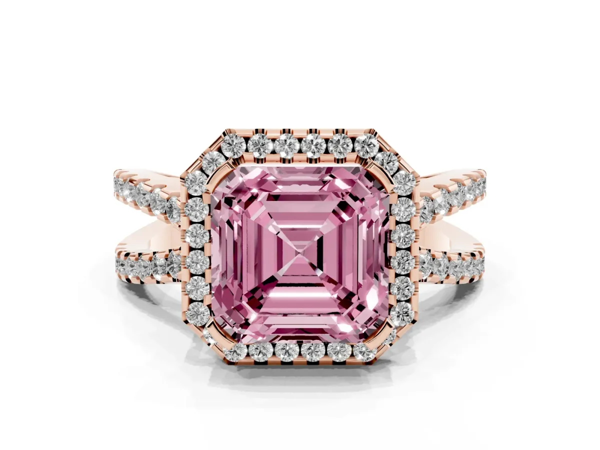Fancy Pink Asscher Cut Diamond Halo Ring with Split Shank Pavé Band and Prong Setting Rose gold