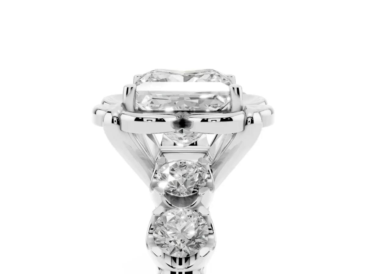 Princess Cut Cut Diamond Floral Halo Engagement Ring with Shared Prong Setting Silver