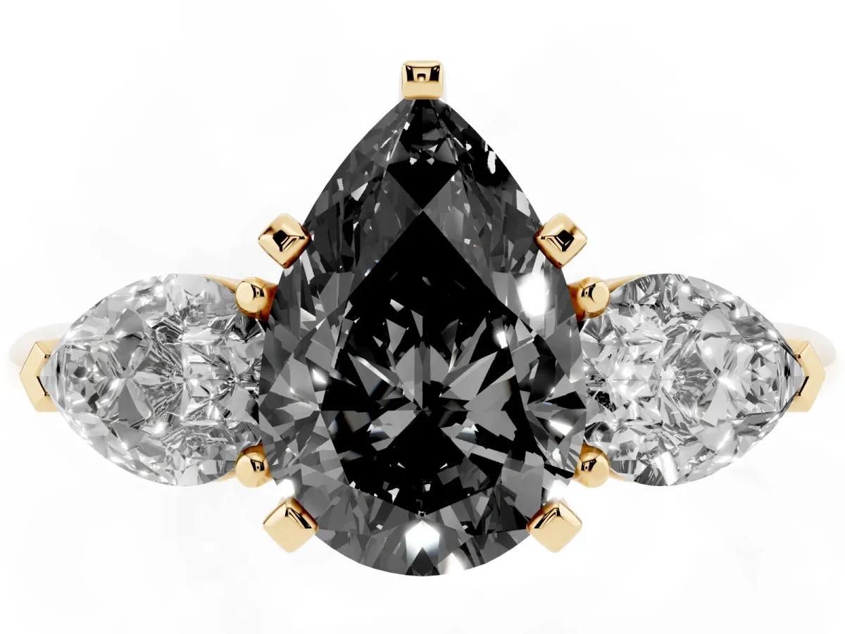 Fancy Black Three-Stone Pear Cut Diamond Ring with Pear Side Stones and Four-Prong Setting Yellow gold