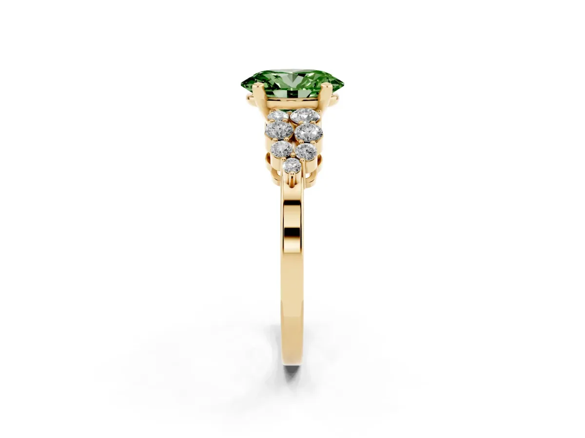 Fancy Green Oval Cut Cluster Diamond Engagement Ring with Pavé Band and Four-Prong Setting Yellow gold