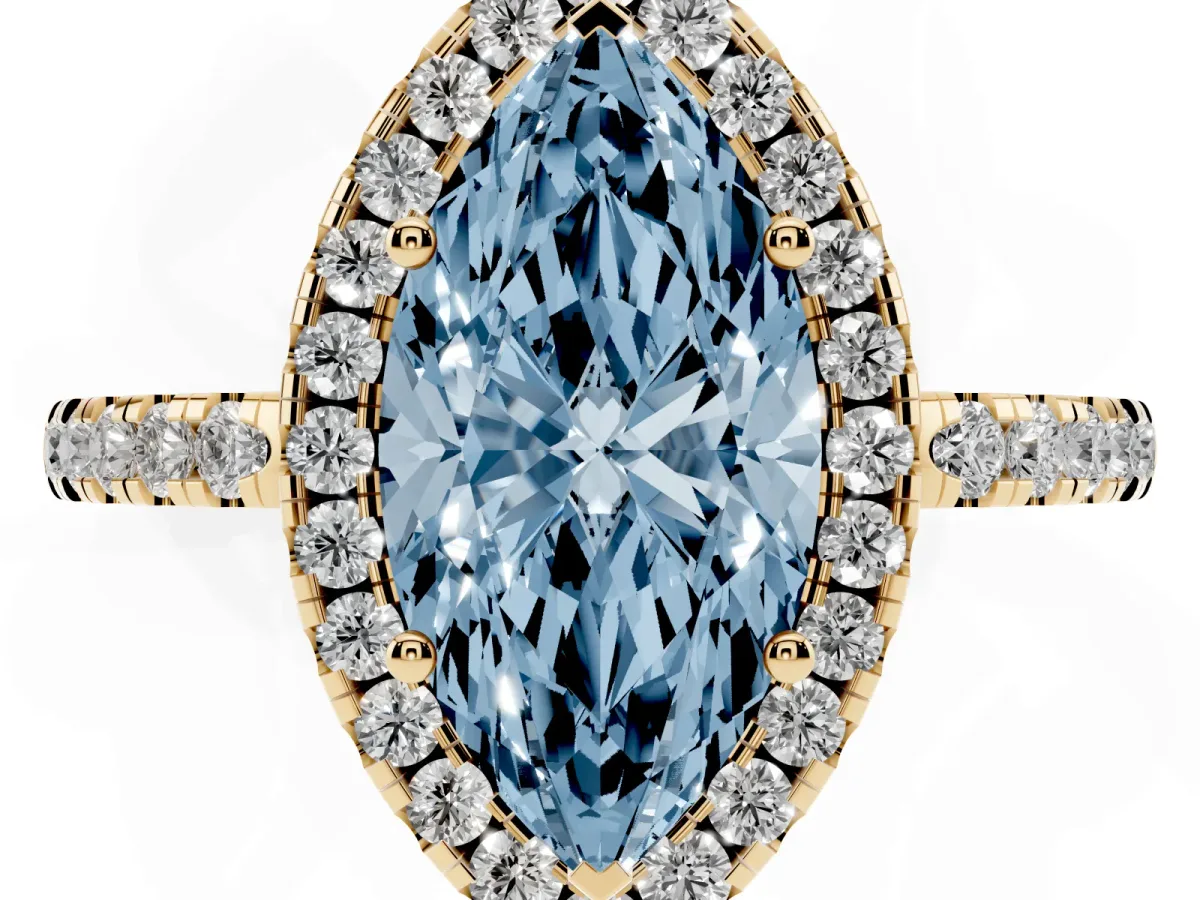 Fancy Blue Marquise Cut Halo Diamond Engagement Ring with Pavé Band and Four-Prong Setting Yellow gold