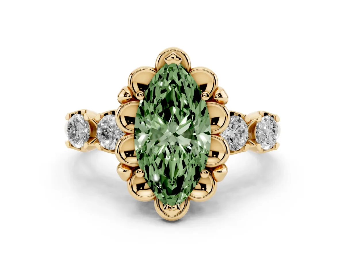 Fancy Green Marquise Cut Cut Diamond Floral Halo Engagement Ring with Shared Prong Setting Yellow gold