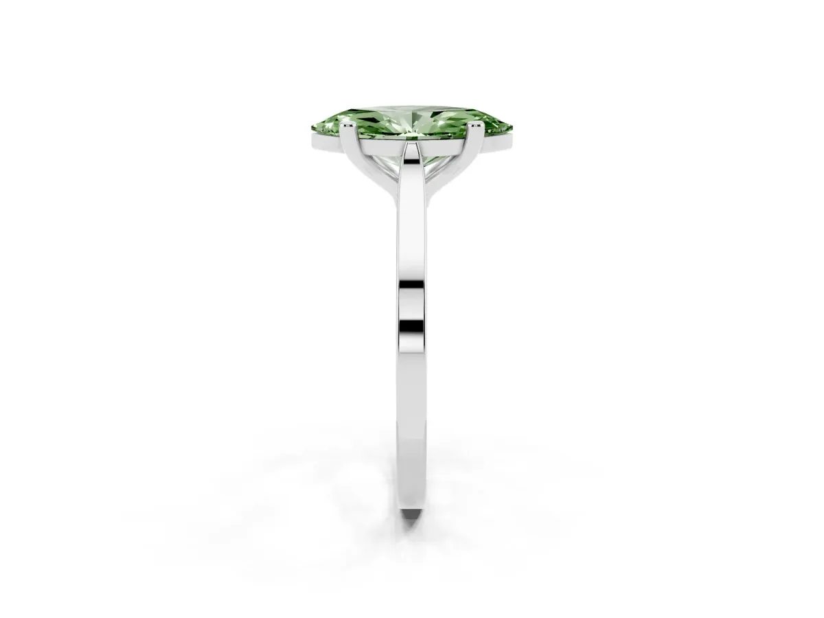 Fancy Green Marquise Cut Solitaire Diamond Ring with Four-Prong Setting and Tapered Band Platinum