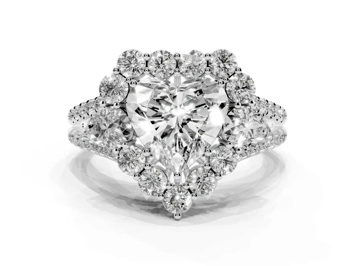 Heart Cut Halo Split Shank Diamond Engagement Ring with Prong Setting Silver
