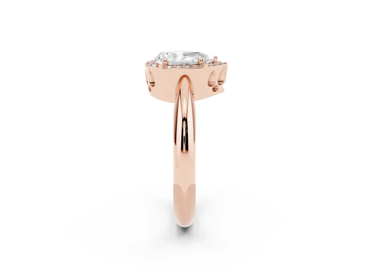 Pear Cut Cut Diamond Halo Engagement Ring with Split Shank and Four-Prong Setting Rose gold