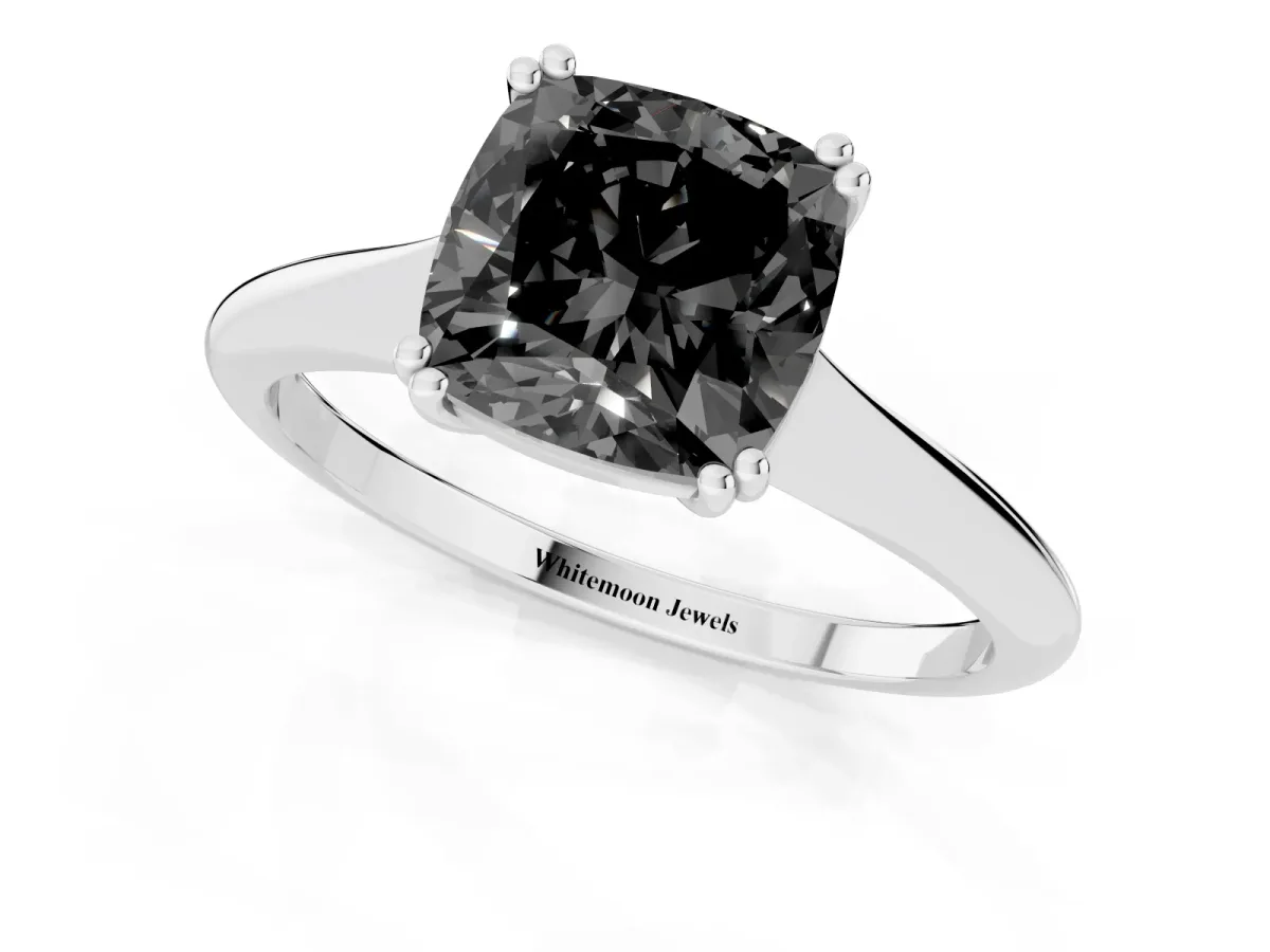 Fancy Black Cushion Cut Solitaire Diamond Ring with Six-Prong Setting and Classic Band Silver