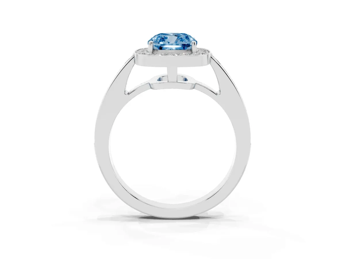 Fancy Blue Cushion Cut Halo Pavé Diamond Engagement Ring with Bezel Setting Platinum
